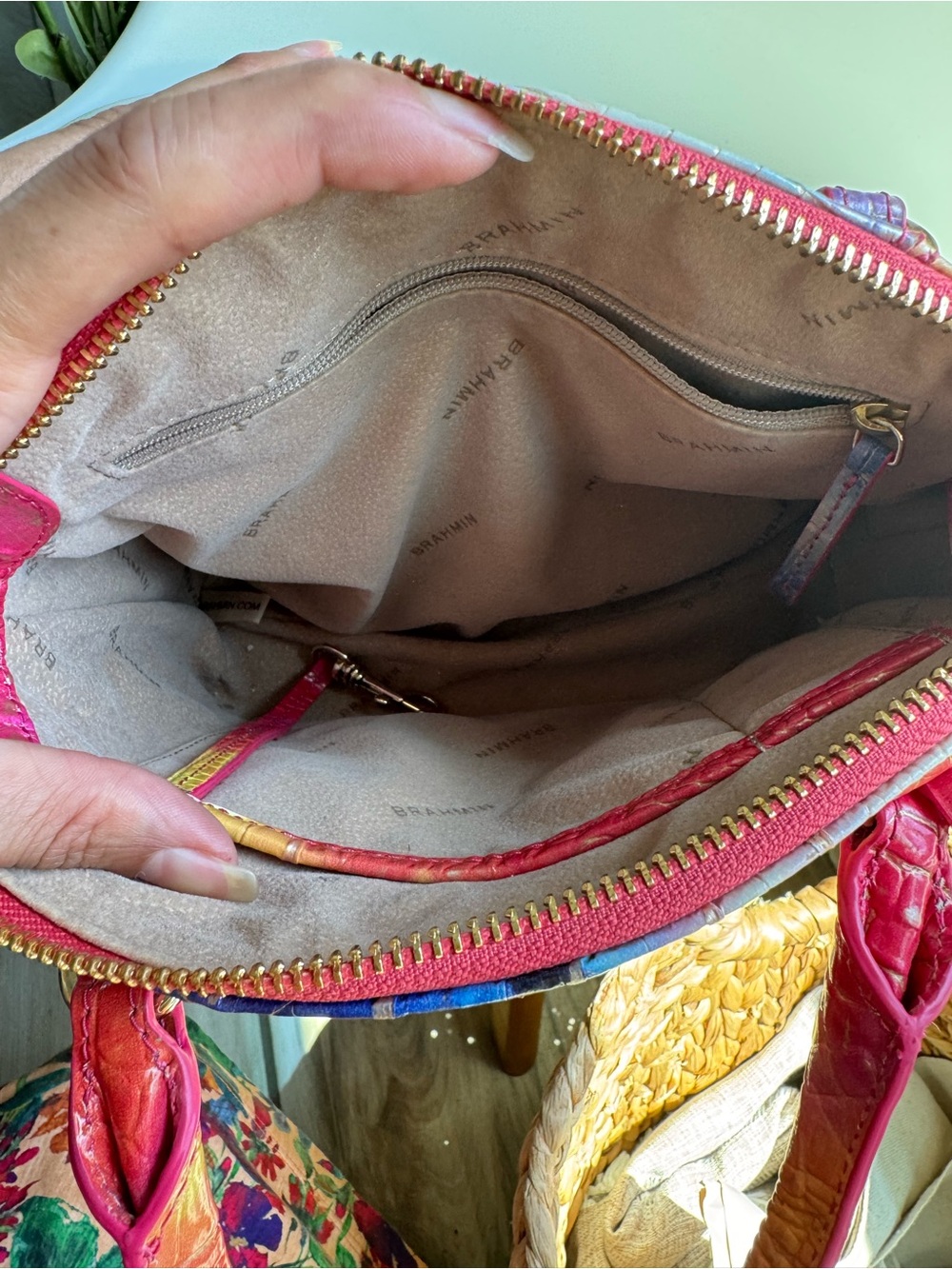 Brahmin Rainbow Croc-Embossed Satchel - Pink, Blue, Yellow, Red - Picture 10 of 13